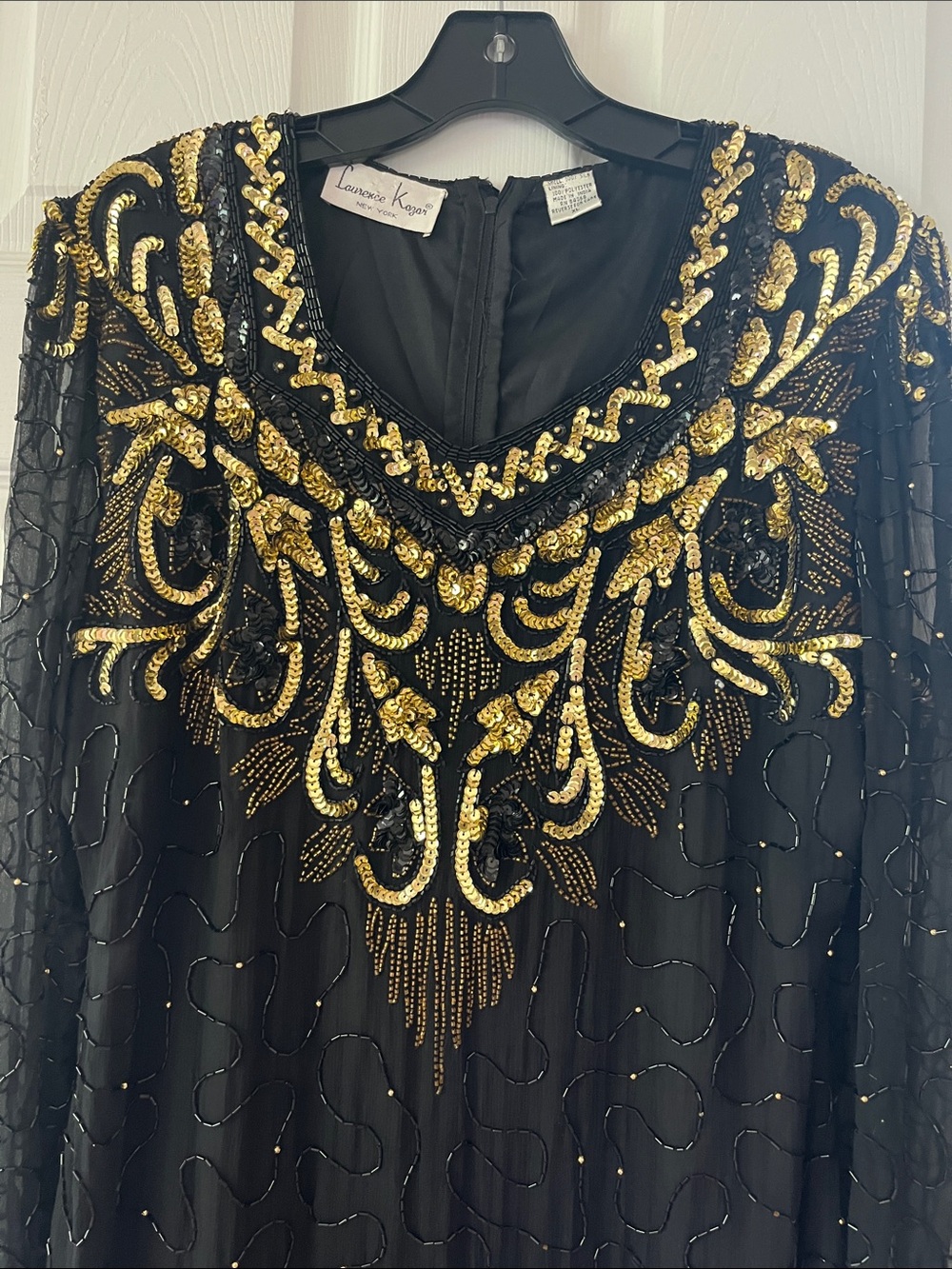 Laurence Kazar Black and Gold Beaded Long Sleeve Evening Gown - Picture 2 of 6